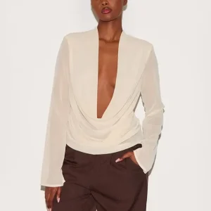 2025 Sexy New Fashion Autumn and Winter Deep V-Neck Chiffon Mesh Transparent Long Sleeved Scarf Shirt Top Women's Clothing