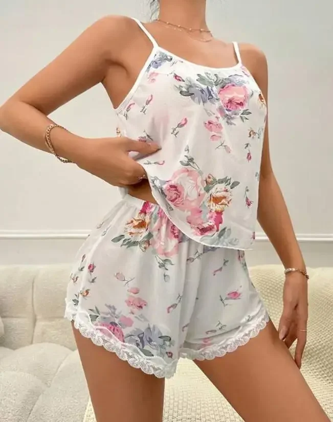 New Fashion 2023 Casual Summer Womens Two Piece Sets Outfit Sexy Floral Print Lace Trim Sleep Cami Set Female Clothing - Image 2