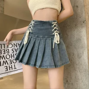 Jeans Dresses Woman Sexy Denim Pleated Skirt Versatile Woman Clothing Y2K Street Summer Cross Strap Mini Skirt Fashion Skirts