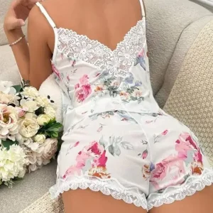 New Fashion 2023 Casual Summer Womens Two Piece Sets Outfit Sexy Floral Print Lace Trim Sleep Cami Set Female Clothing