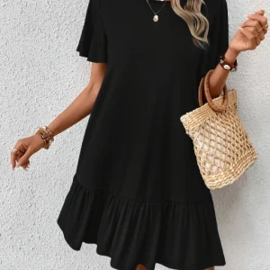 Women's fashionable casual round neck short sleeved solid color mid waist dress for spring and summer 2025 new women's clothing