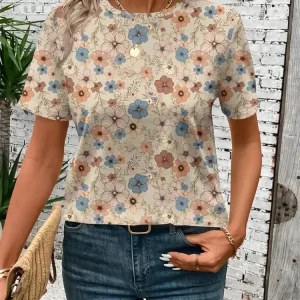 Women's T-shirt Casual Round Neck Short Sleeve Top Summer Outdoor Street Fashion Famale Oversize Clothing Floral Print T shirts