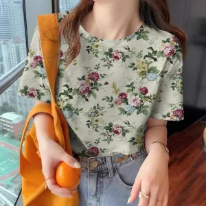 Women's Elegant T-shirt Floral Print Clothing Crew Neck Casual Short Sleeve Loose Breathable Summer Top Clothing Women's T-shirt